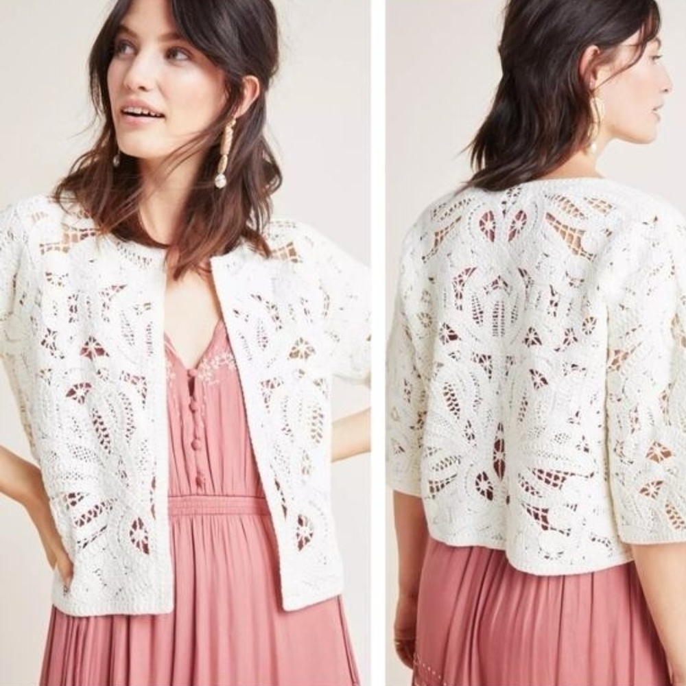 Anthropologie White Crochet Openwork Cardigan